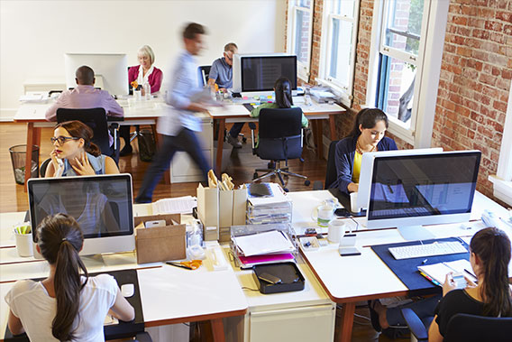 A busy office environment with people working on computers and phones