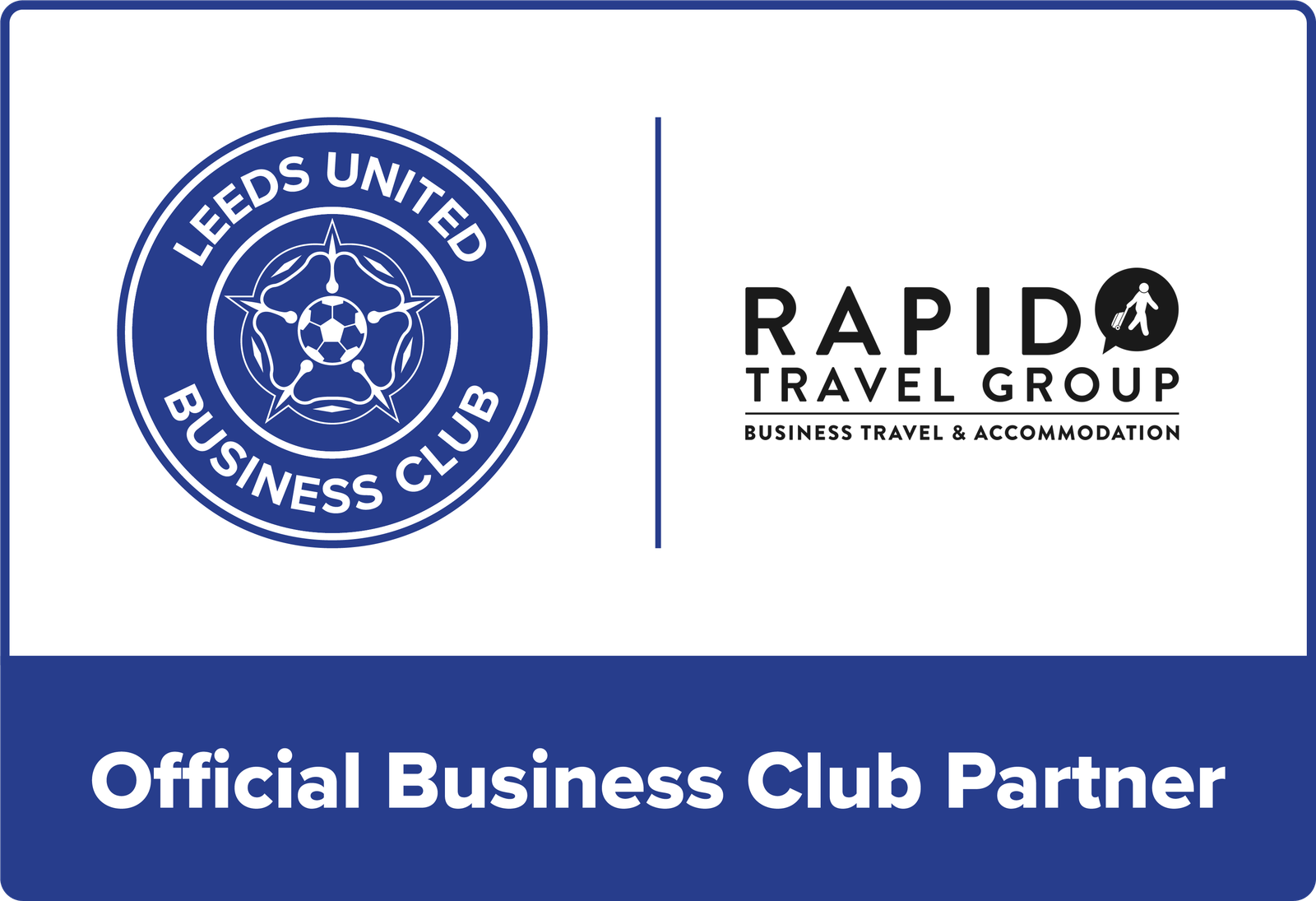 Leeds United Business Club and Rapid Travel Group co-branded partnership mark, Official Business Club Partner.